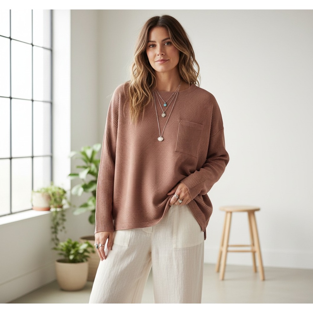 A New Day L Top Blouse Brown Tan Rib Thick Knit Oversized Earthy Cozy Casual